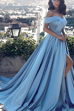 Stunning High Split Blue Satin Evening Dress
