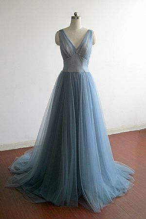 Blue Grey Puffy A-line Tulle Prom Dresses