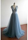 Blue Grey Puffy A-line Tulle Prom Dresses