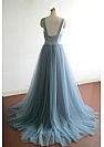 Blue Grey Puffy A-line Tulle Prom Dresses