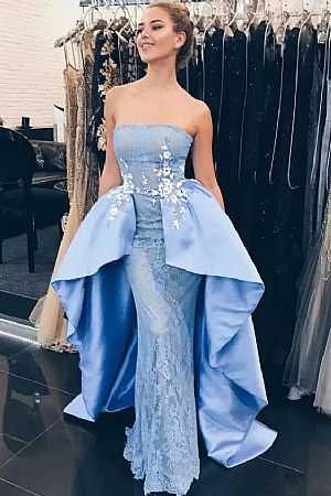 Sky Blue Lace Appliqued Prom Gowns with Overskirt