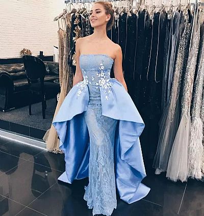 Sky Blue Lace Appliqued Prom Gowns with Overskirt