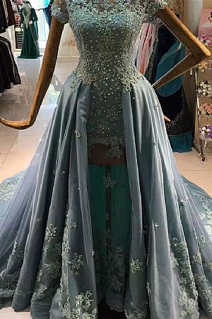 Blue Jewel Lace Beading Appliqued Eevening Dresses