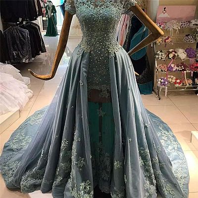 Blue Jewel Lace Beading Appliqued Eevening Dresses