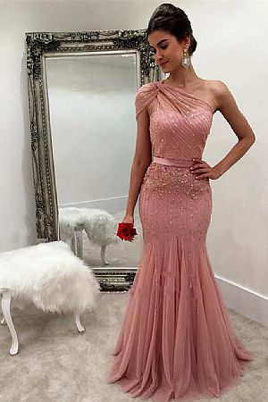 Dusty Rose One Shoulder Beaded Evening Dresses