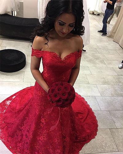 Sexy Red Lace Appliqued Mermaid Prom Gowns