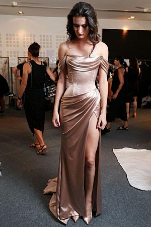 Designer Sexy Gold High Split Evening Dress
