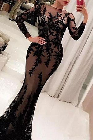 Illusion Black Appliqued Prom Dresses Evening Wear