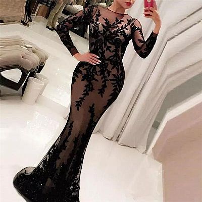 Illusion Black Appliqued Prom Dresses Evening Wear