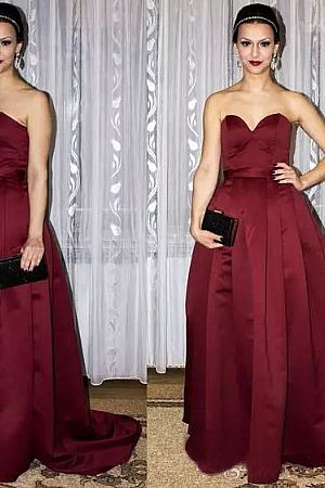 New Burgundy Sweetheart Pleated Satin Prom Dresses