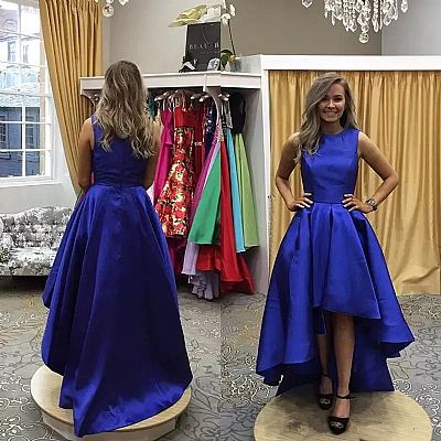 Simple Blue Pleated Hi Low Evening Dresses