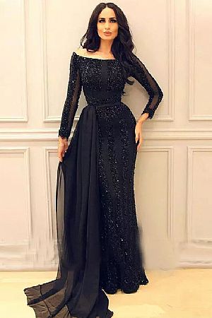Formal Black Beaded Evening Dress with Detachable Skirt