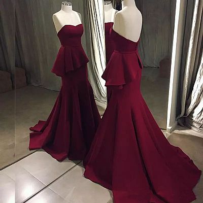 Burgundy Peplum Prom Evening Dresses Formal Wear