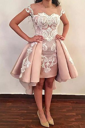 Chic Short Champagne Embroidered Prom Dresses with Overskirt