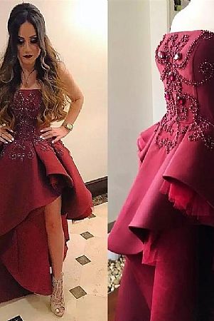 Burgundy Beading Tiered Hi Low Prom Gowns