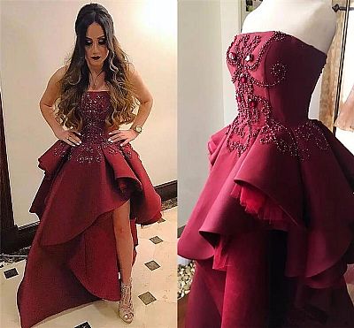 Burgundy Beading Tiered Hi Low Prom Gowns