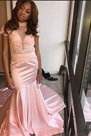 Sexy High Neck Pink Appliqued Prom Gowns