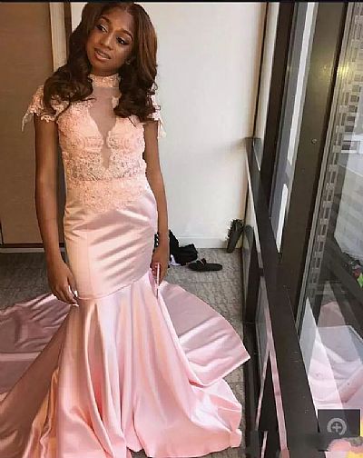 Sexy High Neck Pink Appliqued Prom Gowns