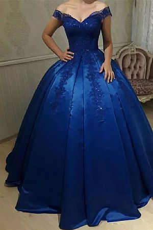 Navy Blue Pleated Ball Gown Prom Dresses
