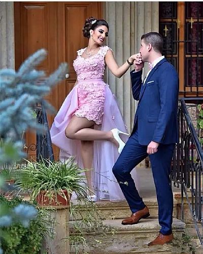 Pink Appliqued Mini Prom Dresses with Removable Skirt