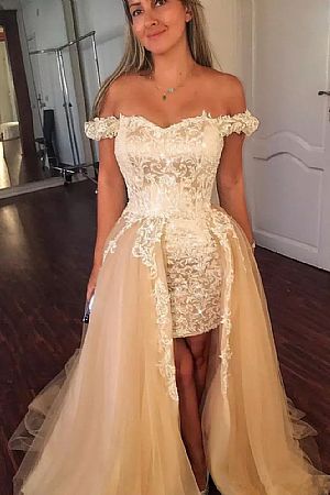 Champagne Appliqued Short Prom Dresses with Overskirt