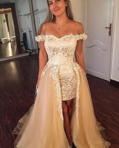 Champagne Appliqued Short Prom Dresses with Overskirt