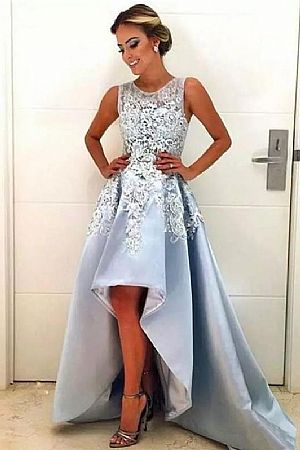 Elegant Blue Appliqued Hi Low Evening Dresses