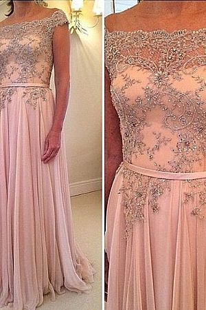 Pink Bateau Beading Appliqued Prom Evening Dresses