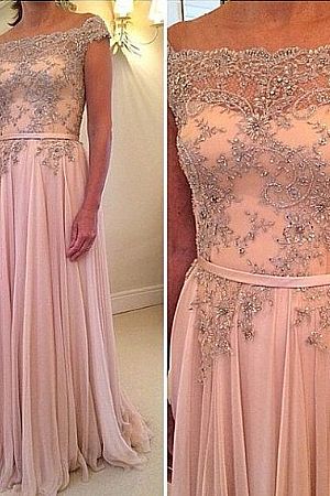 Pink Bateau Beading Appliqued Prom Evening Dresses