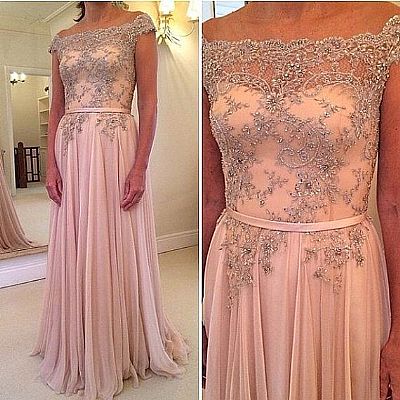 Pink Bateau Beading Appliqued Prom Evening Dresses