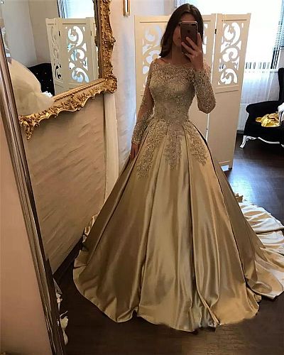 Illusion Pleated Champagne Ball Gown Prom Dress