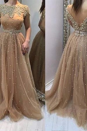 Champagne Beading Puffy Evening Dresses with V-Cut Back