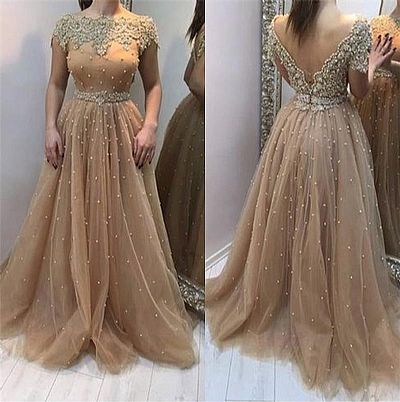 Champagne Beading Puffy Evening Dresses with V-Cut Back