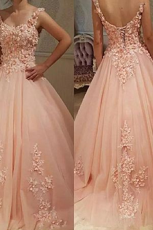 Pink Floral Appliqued Prom Dresses Lace Up