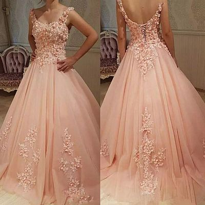 Pink Floral Appliqued Prom Dresses Lace Up