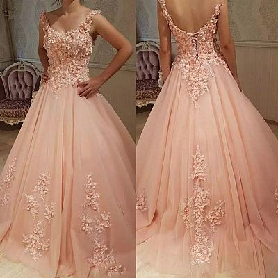 Pink Floral Appliqued Prom Dresses Lace Up
