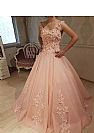 Pink Floral Appliqued Prom Dresses Lace Up