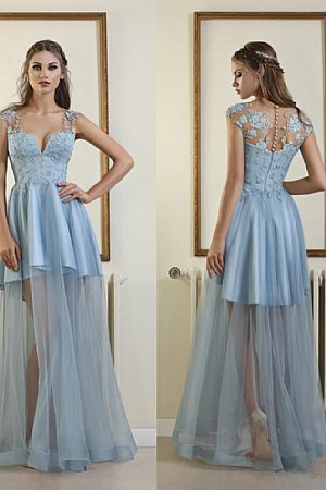 See Through Blue Tulle Evening Dresses