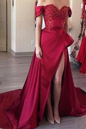 Red Off Shoulder High Split Evening Dresses
