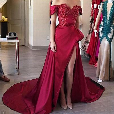 Red Off Shoulder High Split Evening Dresses