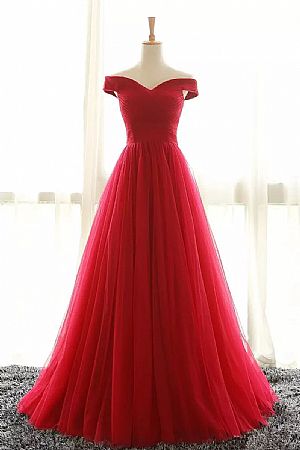 Simple Red Pleated Tulle Prom Evening Dress