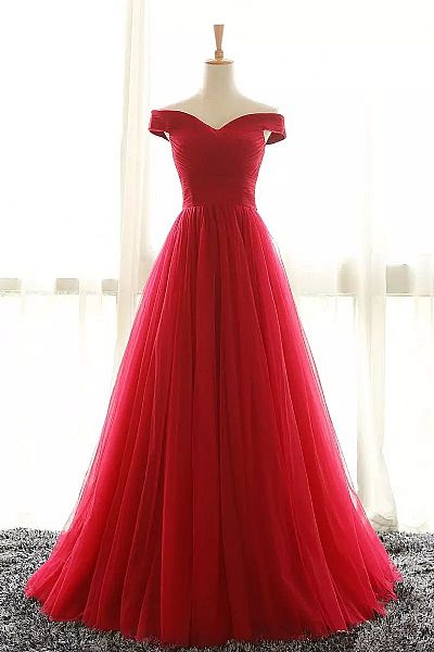 Simple Red Pleated Tulle Prom Evening Dress