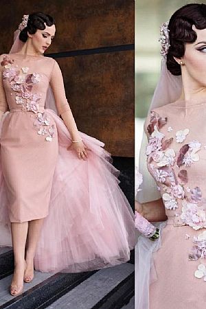 Dusty Pink Evening Dresses with Flowers & Tulle Train