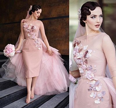 Dusty Pink Evening Dresses with Flowers & Tulle Train