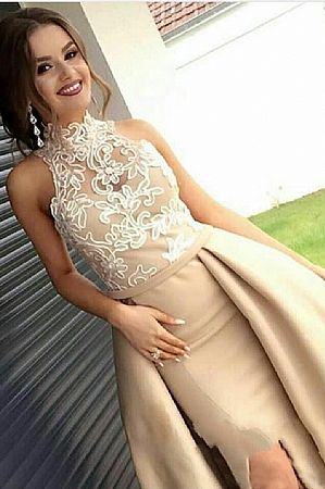 Champagne High Neck Satin Prom Dresses 2018