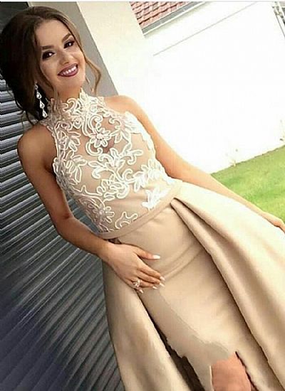 Champagne High Neck Satin Prom Dresses 2018