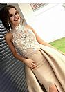 Champagne High Neck Satin Prom Dresses 2018