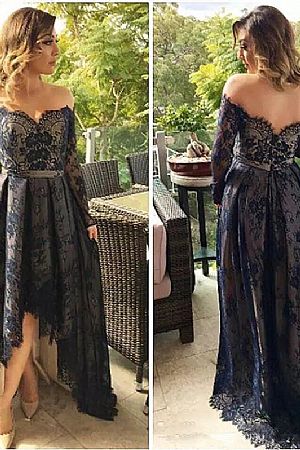 Off the Shoulder Hi Low Lace Evening Dresses