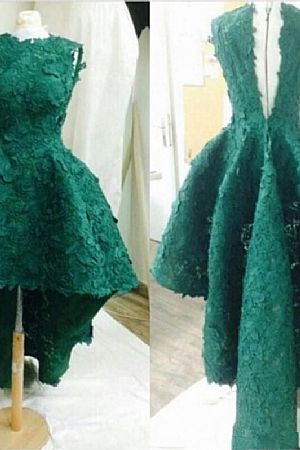 Dark Green Hi Low Prom Dresses with Pleats