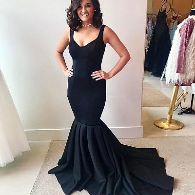 Gorgeous Black Satin Evening Dress with Sweep Train